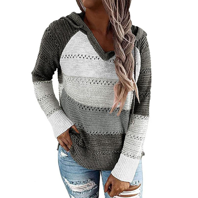 Women Knit Hollow Out Color Block Hoodie Sweatshirt