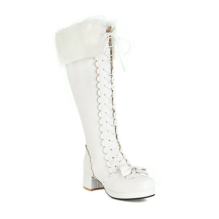 Sweet bow tie faux fur lined knee high combat boots Block heels front lace knee high costume boots