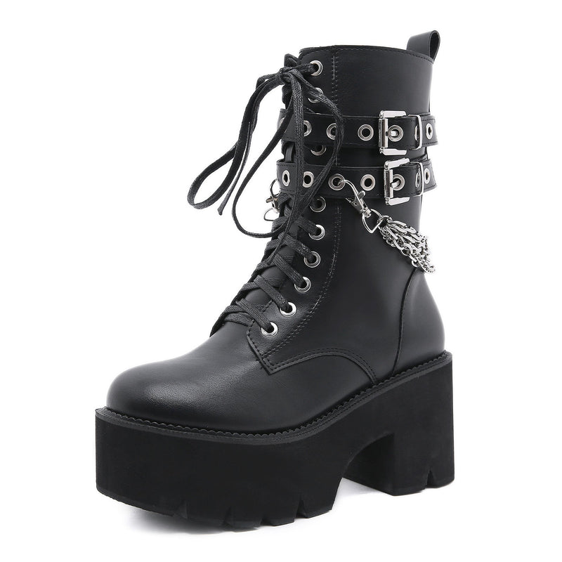 Women's black rivets buckle strap mid calf motorcycle boots