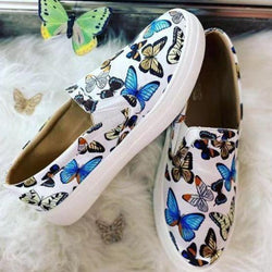 Women round canvas sneakers flat fabric slip on shoes with butterfly pattern