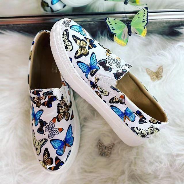 Women's cute butterfly print flat slip on sneakers comfy walking casual shoes