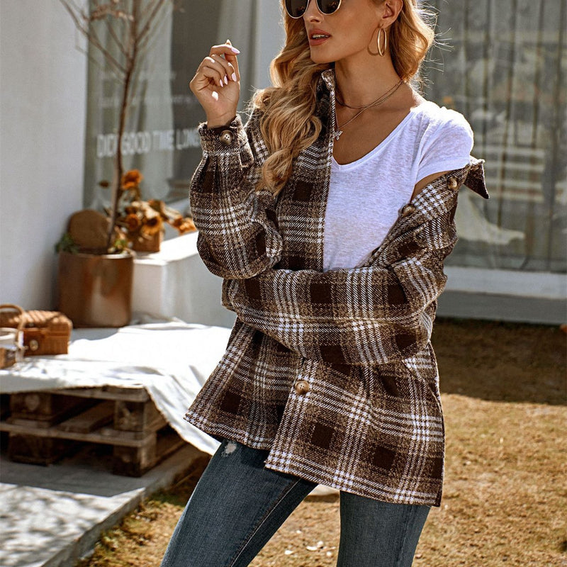 Women plaid button-down polo collared long sleeves coat tops
