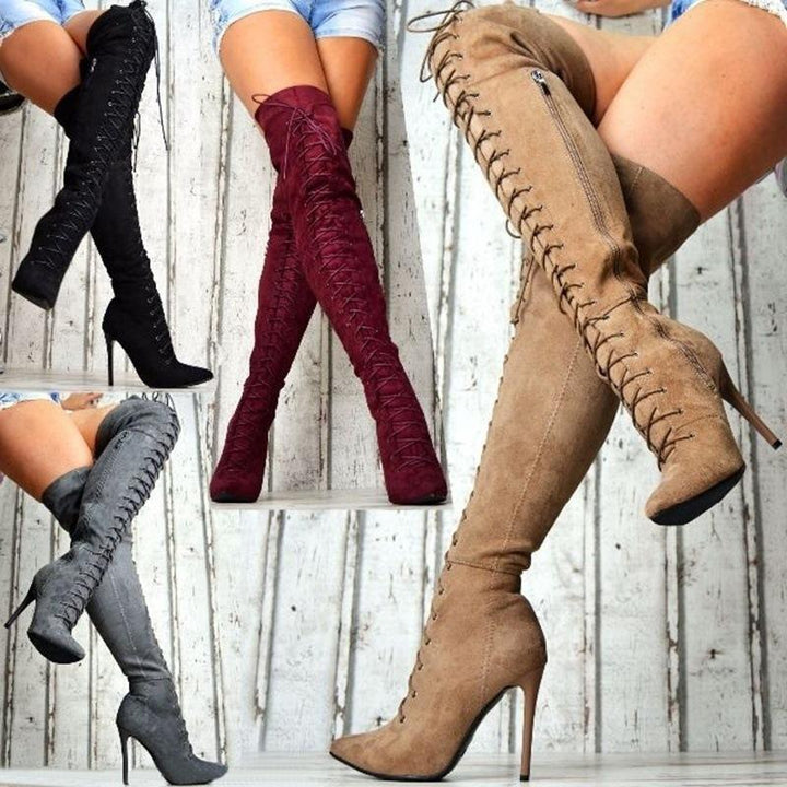 Women faux suede front lace over the knee stiletto thigh high boots