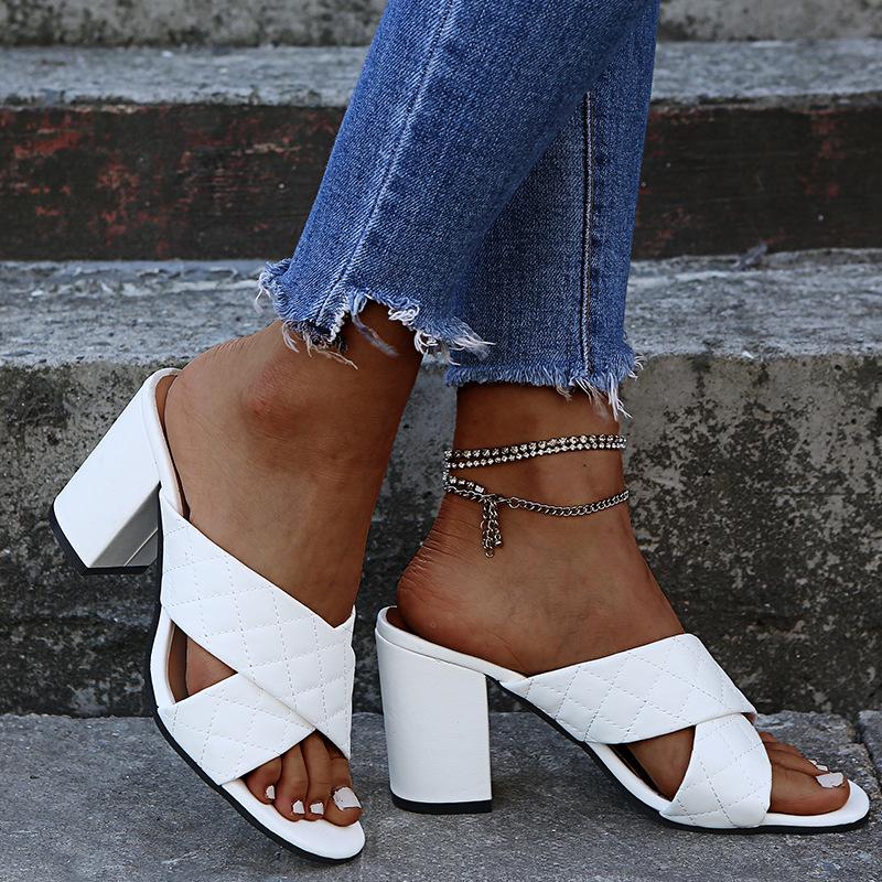 Women's peep toe criss cross block heel slide sandals