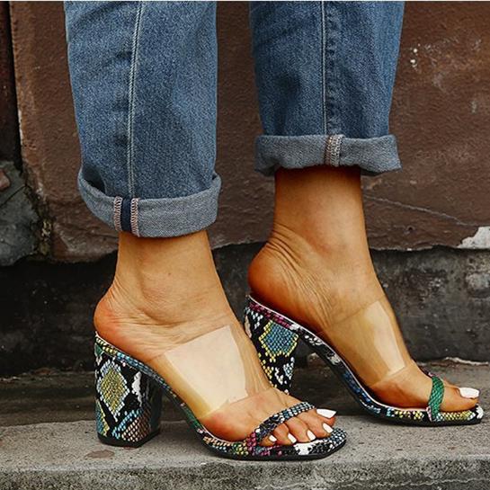 Women's open toe clear strap chunky heeled mule sandals