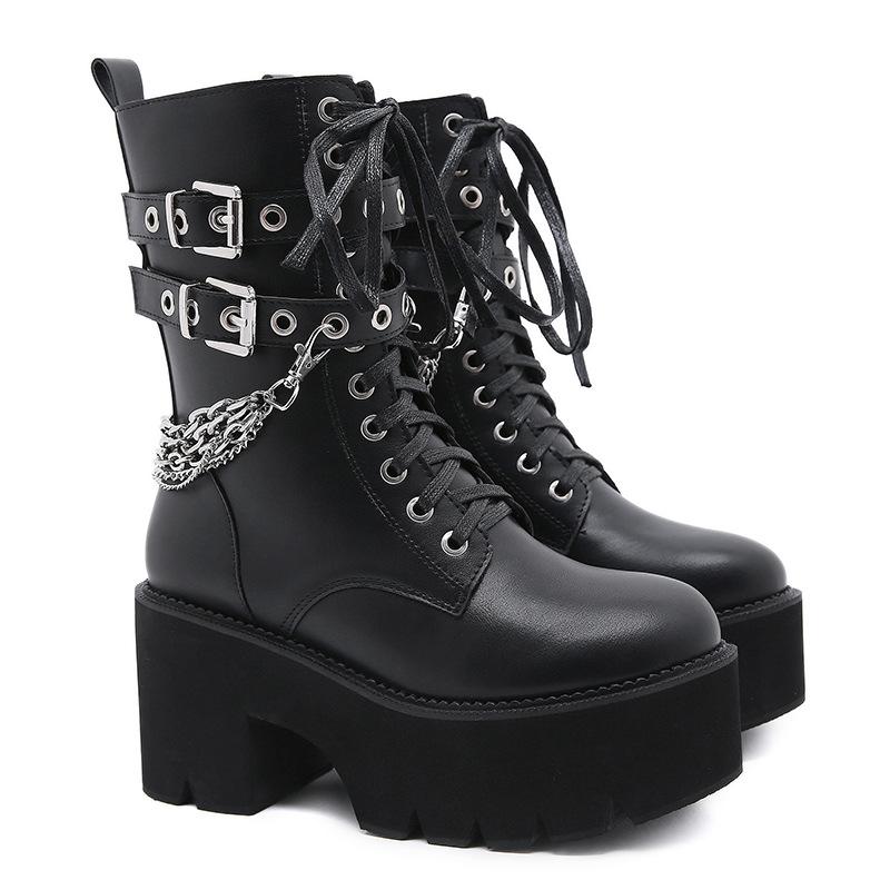 Women's black rivets buckle strap mid calf motorcycle boots