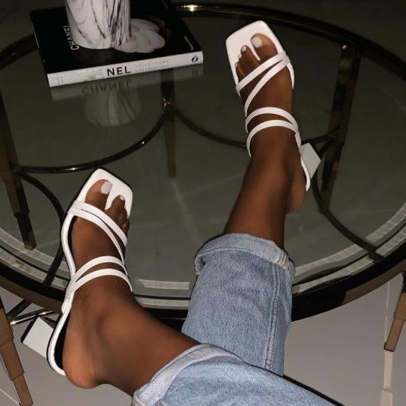Women's square peep toe chunky square heel slides