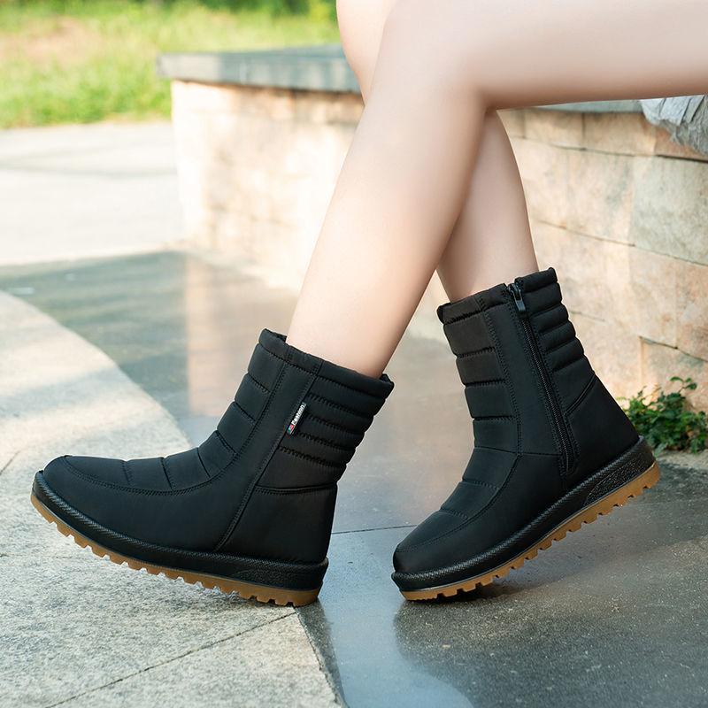 Women's thick warm lining mid calf waterproof anti-slip low heel snow boots