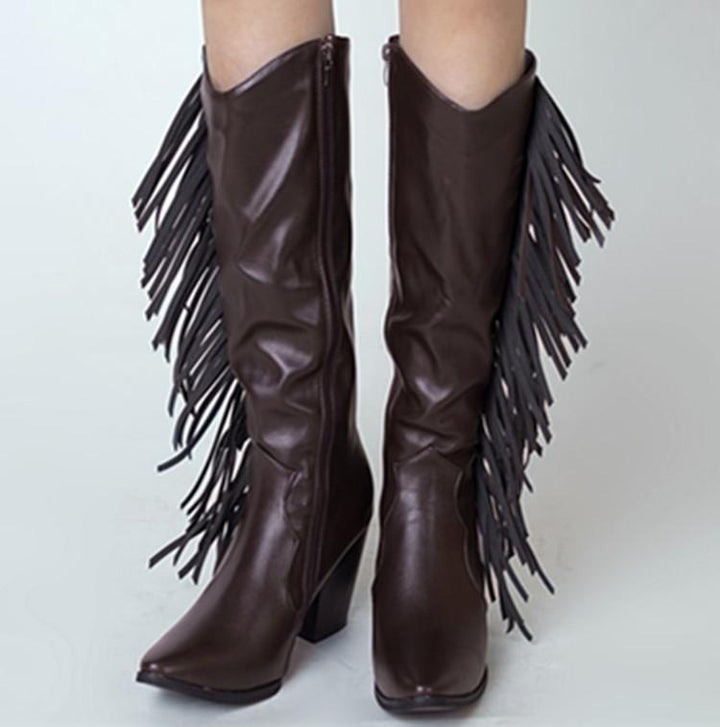 Women's fashion tassels mid calf boots pointed toe fringe boots