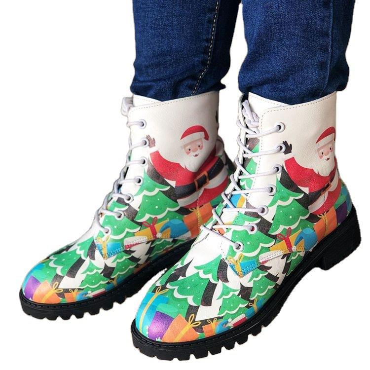 Women's santa print front-lace ankle boots cute christmas booties