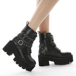Women's black buckle strap chunky combat boots