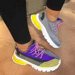 Women's flyknit breathable sneakers colorful patchwork front lace tennins shoes