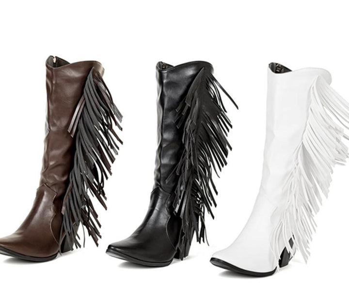 Women's fashion tassels mid calf boots pointed toe fringe boots