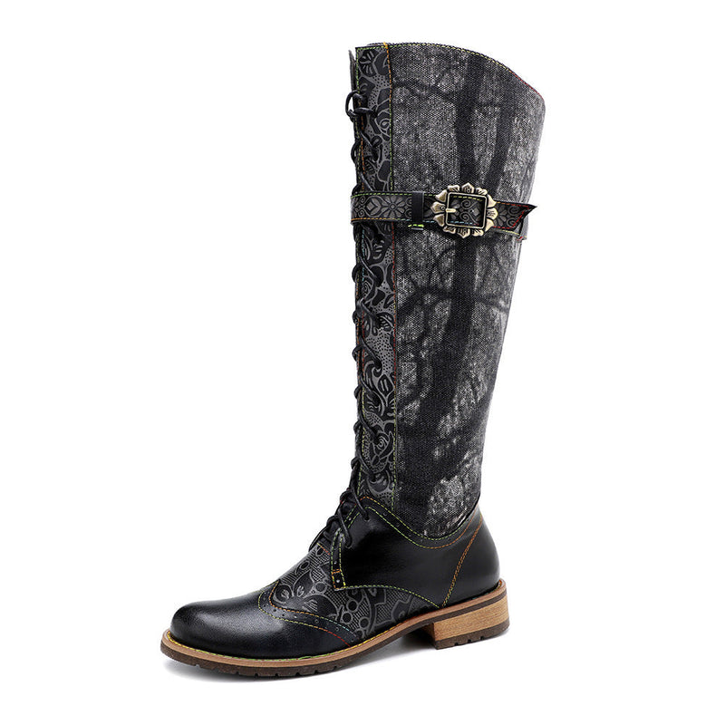 Women's vintage black brush off leather knee high boots low heel lace-up motorcycle boots