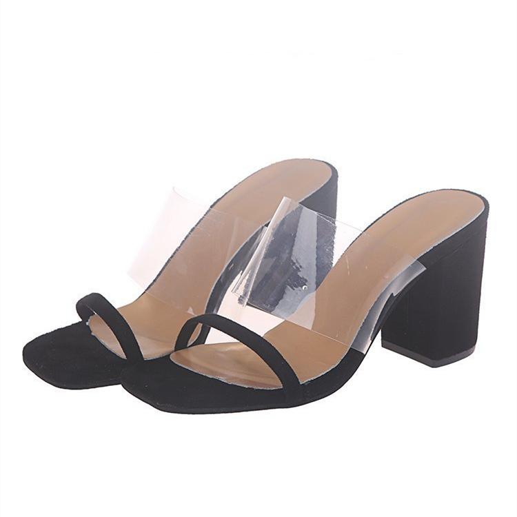 Women's open toe clear strap chunky heeled mule sandals