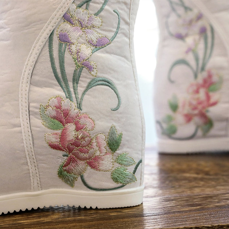 Retro flower embroidery plush lined mid calf boots | Inner wedge snow boots