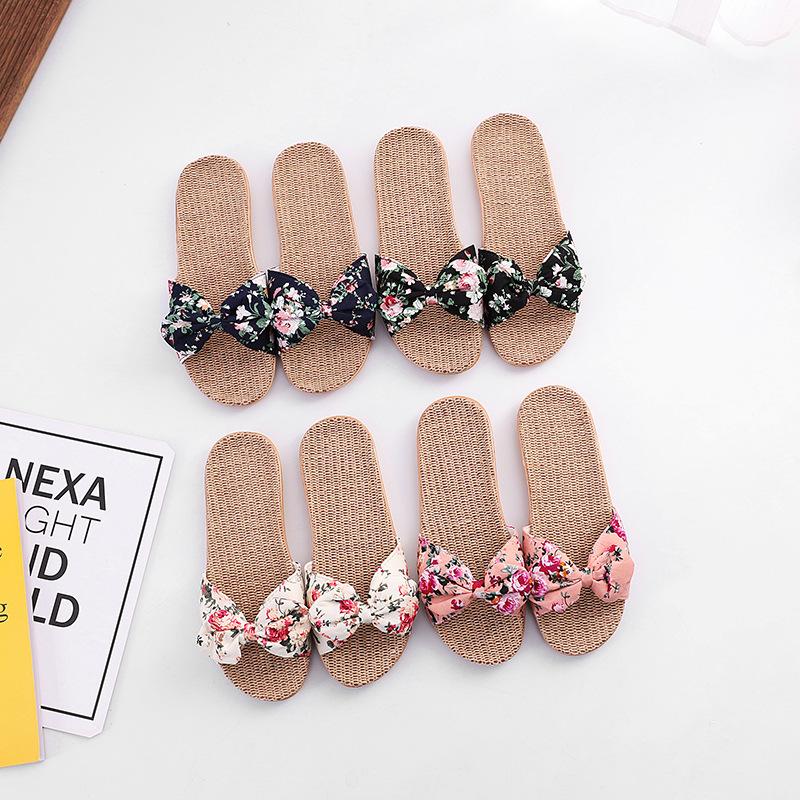Women's cotton flax bowknot slide sandals floral print beach slides
