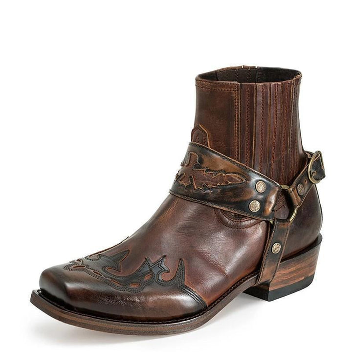 Men's vintage craved square toe motorcycle boots | Square heel short boots