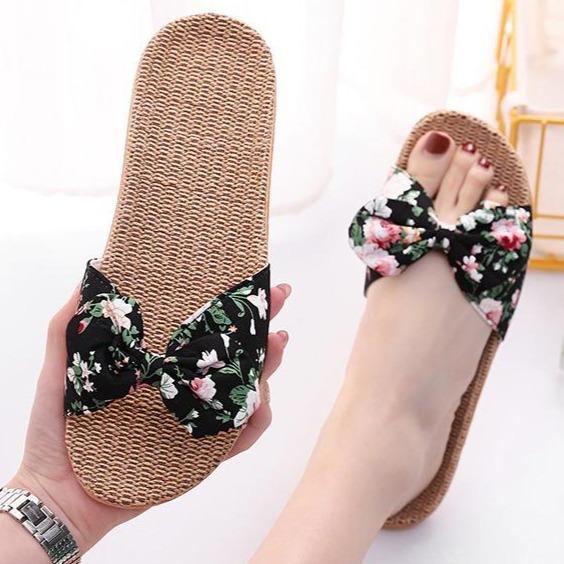 Women's cotton flax bowknot slide sandals floral print beach slides