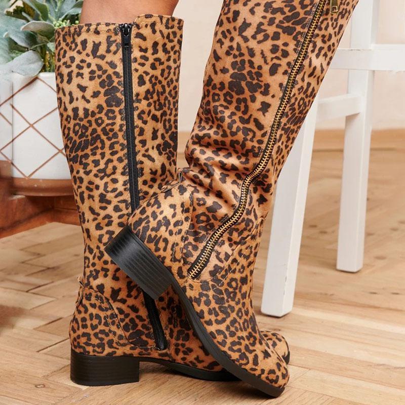 Women leopard print zipper chunky low heel knee high boots