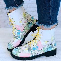 Women's floral print lace-up front lace booties