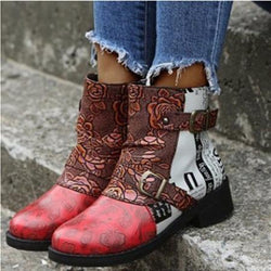 Women's retro floral print patchwork chunky short booties