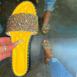 Women's peep toe flat rhinestone slides soft comfy walking candy color slides