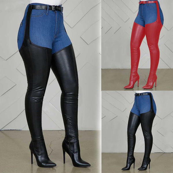 Women black sexy waist belted thigh high stiletto boots with zipper