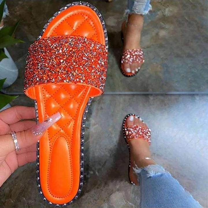 Women's peep toe flat rhinestone slides soft comfy walking candy color slides