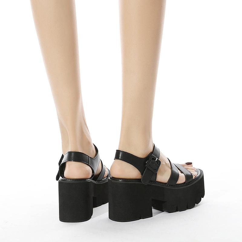 Women's black thick platform buckle strap peep toe roman style sandals for party nightclub