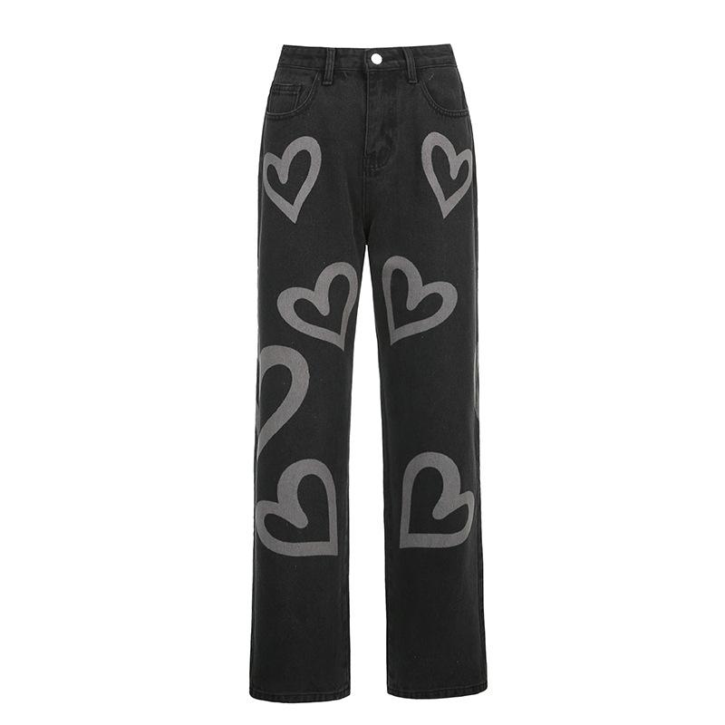 Women's fashion heart print straight leg high waist streetwear jeans