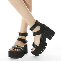 Womens's black chunky platform ankle strap roman style sandals for party nightclub