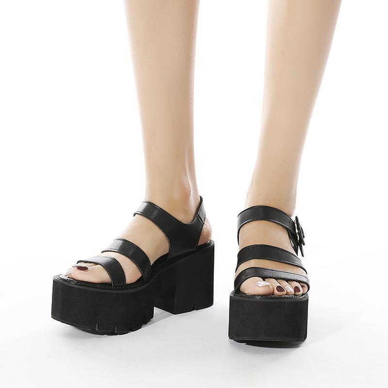 Women's black thick platform buckle strap peep toe roman style sandals for party nightclub
