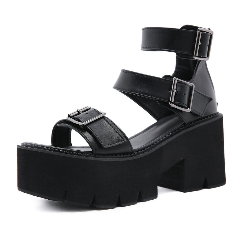 Womens's black chunky platform ankle strap roman style sandals for party nightclub