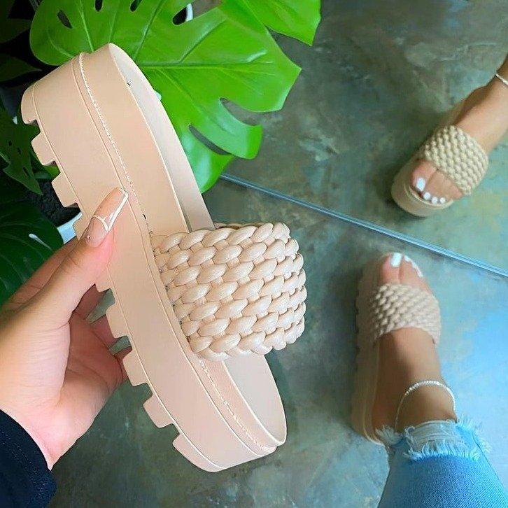 Women's thick platform woven one band open toe slides