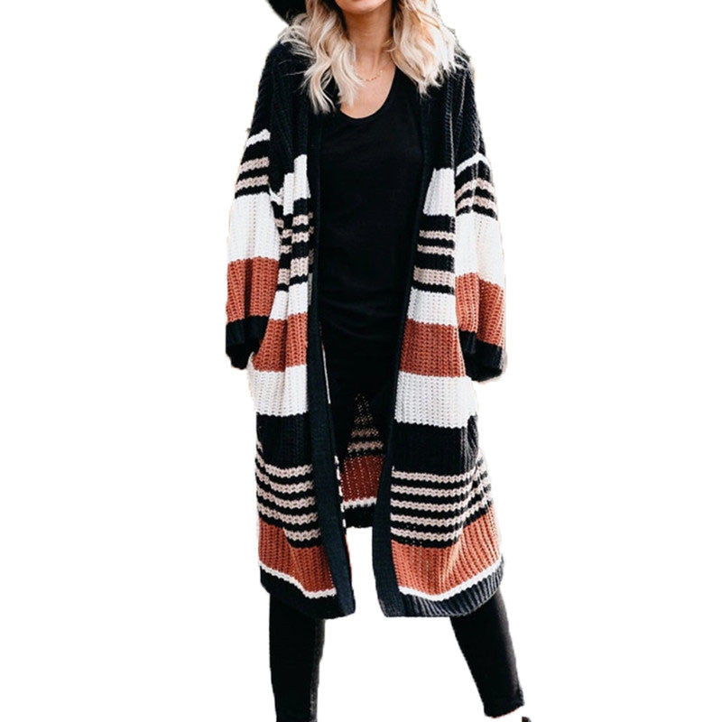 Women‘s color striped long cardigan chunky knitted cardigan with pockets