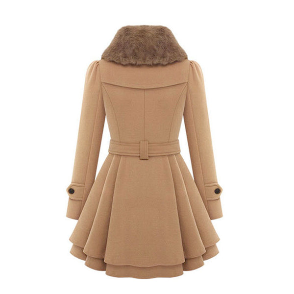 Women's double-breasted coat dress belted swing coat with fur collar