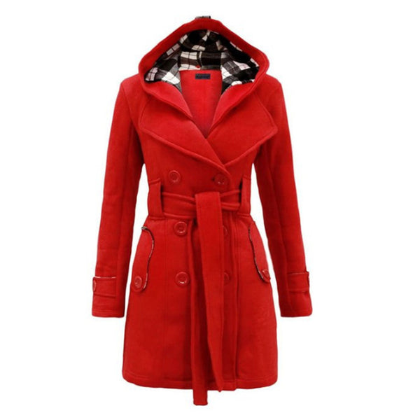 Women's double-breasted hooded coat fashion belted coat for winter