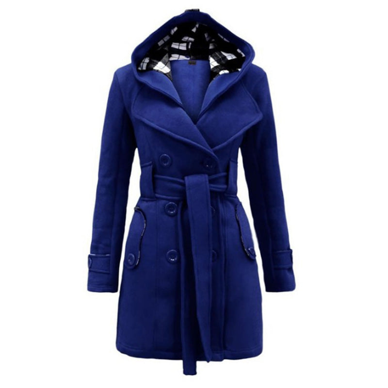 Women's double-breasted hooded coat fashion belted coat for winter