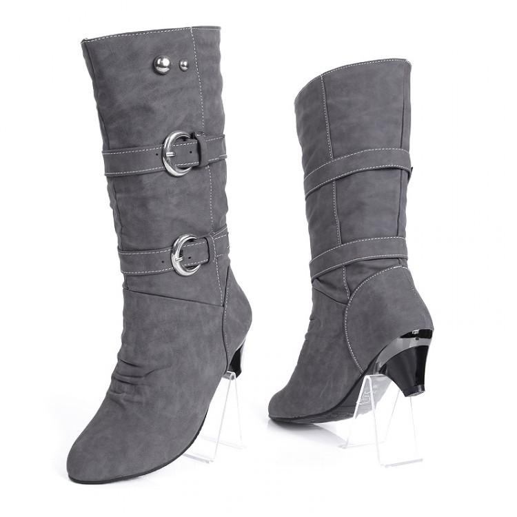 gray Women buckle straps warm plush lining mid calf chunky low heel boots