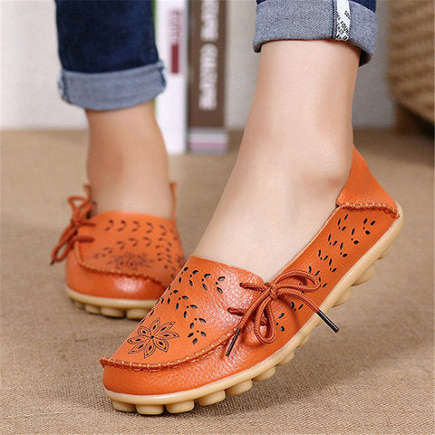 Large Size Breathable Hollow Out Flat Lace Up Soft Leather Shoes - fashionshoeshouse