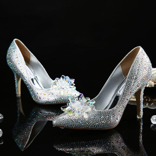 Women's rhinestone cinderella wedding shoes sparkly bridal stiletto heels