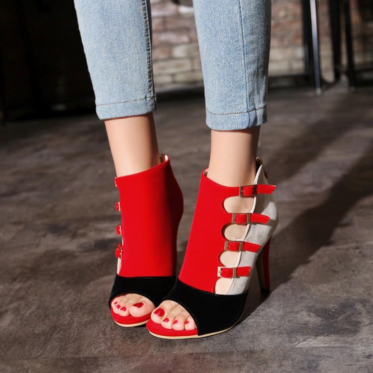 Women's patchwork stiletto high heel peep toe zipper booties