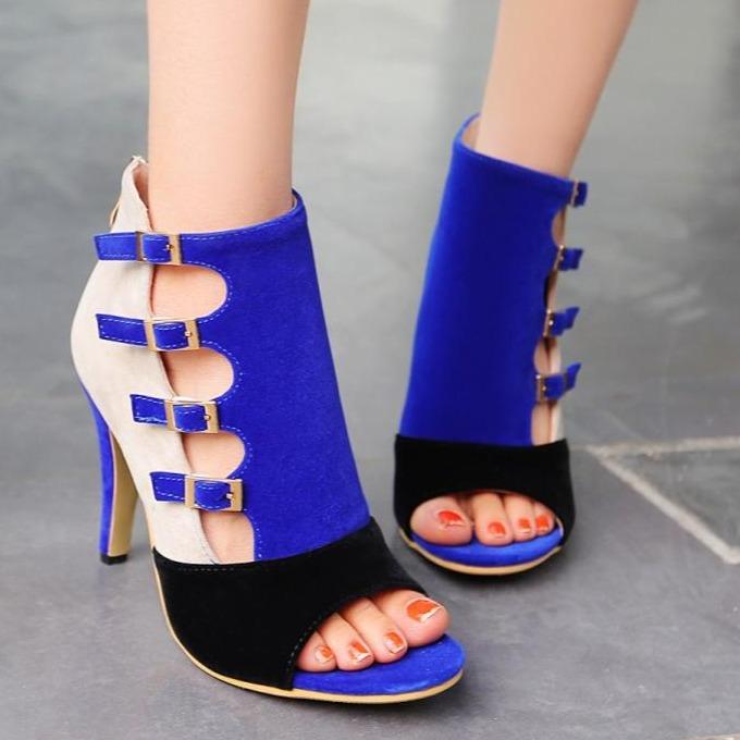 Women's patchwork stiletto high heel peep toe zipper booties