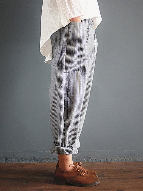 Linen Gray Striped Pants Women - fashionshoeshouse