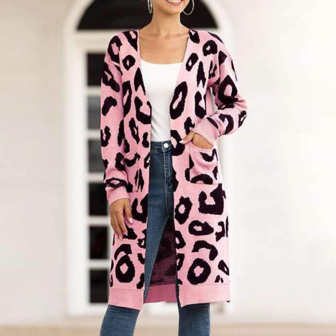 9 Colors women's leopard cardigan sweater with pocket