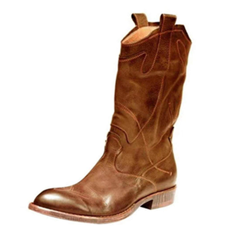 Women's mid calf cowboy boots pointed toe chunky western boots