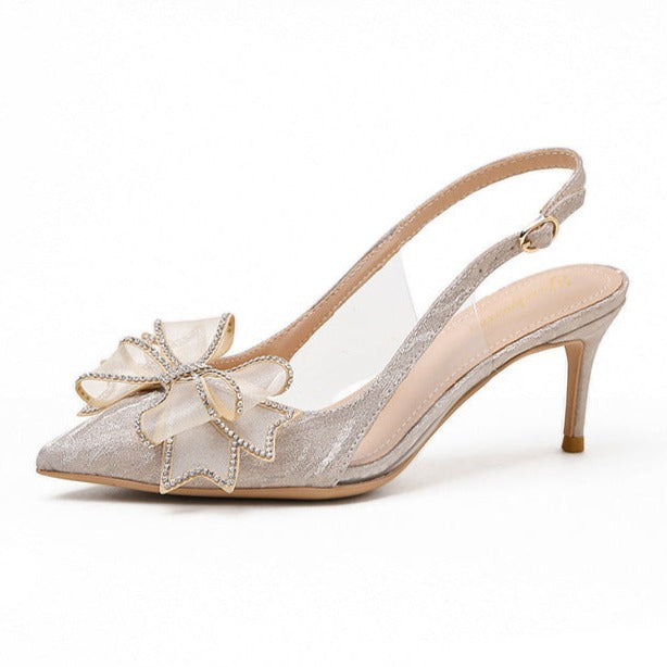Rhinestone bowknot silver champagne wedding bridal heels backstrap high heels pumps