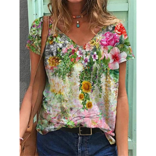 Women's v-neck colorful floral print short sleeves tops