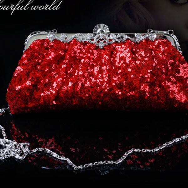 Lady's elegant sequins clutch evening handbag sparkly party prom handbag with chains